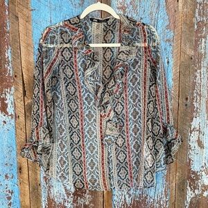 Zara Boho Top Festival Sheer Ruffle Print Size S